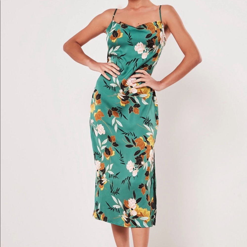 Missguided Green Floral Cowl Silk Dress